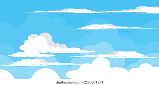 Sky with Clouds illustration in flat style. Sky and clouds background. Cloudy vector cartoon illustration in blue color. Nature abstract wallpaper.