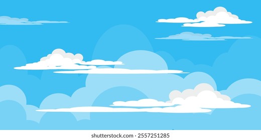 Sky with Clouds illustration in flat style. Sky and clouds background. Cloudy vector cartoon illustration in blue color. Nature abstract wallpaper.