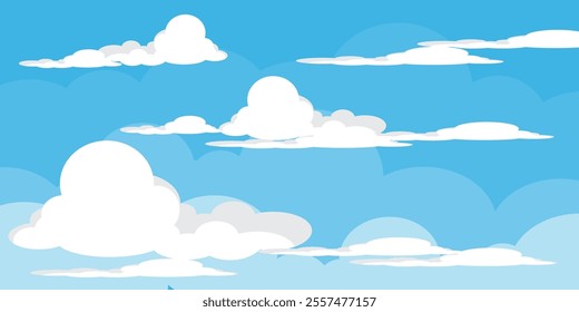 Sky with Clouds illustration in flat style. Sky and clouds background. Cloudy vector cartoon illustration in blue color. Nature abstract wallpaper.