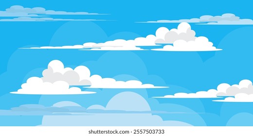 Sky with Clouds illustration in flat style. Sky and clouds background. Cloudy vector cartoon illustration in blue color. Nature abstract wallpaper.