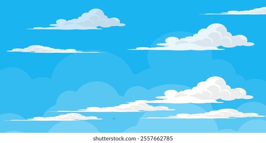 Sky with Clouds illustration in flat style. Sky and clouds background. Cloudy vector cartoon illustration in blue color. Nature abstract wallpaper.