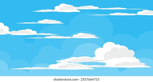 Sky with Clouds illustration in flat style. Sky and clouds background. Cloudy vector cartoon illustration in blue color. Nature abstract wallpaper.