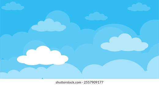 Sky with Clouds illustration in flat style. Sky and clouds background. Cloudy vector cartoon illustration in blue color. Nature abstract wallpaper.