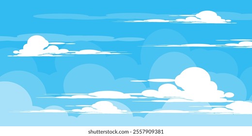 Sky with Clouds illustration in flat style. Sky and clouds background. Cloudy vector cartoon illustration in blue color. Nature abstract wallpaper.