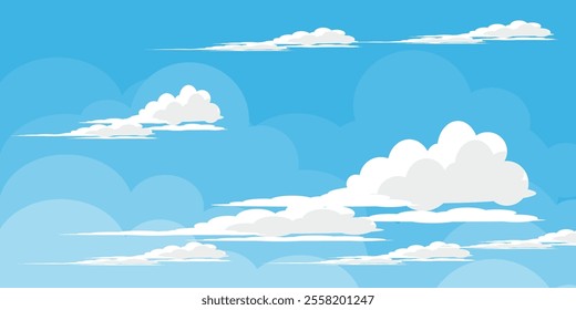 Sky with Clouds illustration in flat style. Sky and clouds background. Cloudy vector cartoon illustration in blue color. Nature abstract wallpaper.