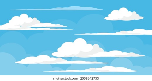 Sky with Clouds illustration in flat style. Sky and clouds background. Cloudy vector cartoon illustration in blue color. Nature abstract wallpaper.