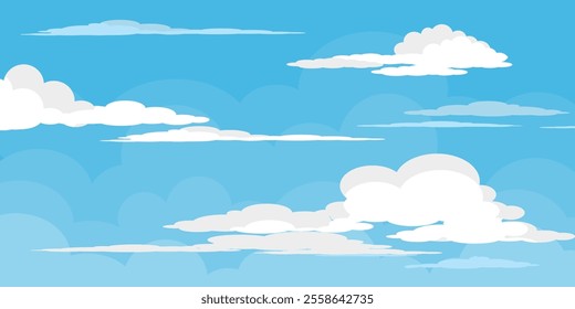 Sky with Clouds illustration in flat style. Sky and clouds background. Cloudy vector cartoon illustration in blue color. Nature abstract wallpaper.