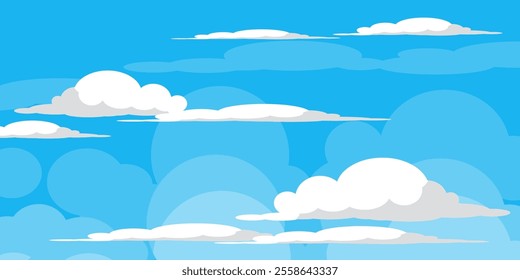 Sky with Clouds illustration in flat style. Sky and clouds background. Cloudy vector cartoon illustration in blue color. Nature abstract wallpaper.