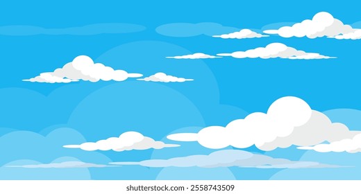 Sky with Clouds illustration in flat style. Sky and clouds background. Cloudy vector cartoon illustration in blue color. Nature abstract wallpaper.