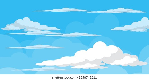Sky with Clouds illustration in flat style. Sky and clouds background. Cloudy vector cartoon illustration in blue color. Nature abstract wallpaper.