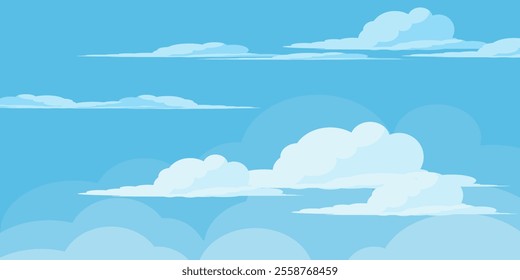 Sky with Clouds illustration in flat style. Sky and clouds background. Cloudy vector cartoon illustration in blue color. Nature abstract wallpaper.