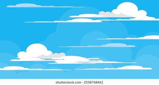 Sky with Clouds illustration in flat style. Sky and clouds background. Cloudy vector cartoon illustration in blue color. Nature abstract wallpaper.