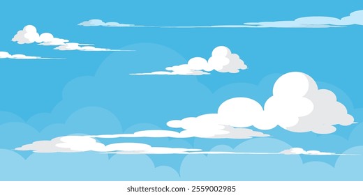 Sky with Clouds illustration in flat style. Sky and clouds background. Cloudy vector cartoon illustration in blue color. Nature abstract wallpaper.