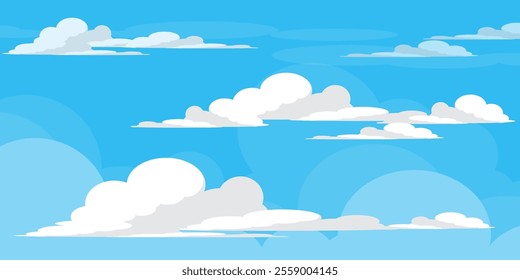 Sky with Clouds illustration in flat style. Sky and clouds background. Cloudy vector cartoon illustration in blue color. Nature abstract wallpaper.