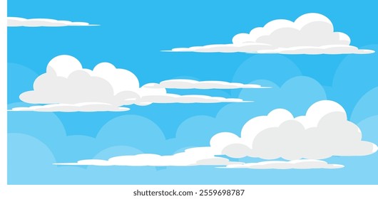 Sky with Clouds illustration in flat style. Sky and clouds background. Cloudy vector cartoon illustration in blue color. Nature abstract wallpaper.