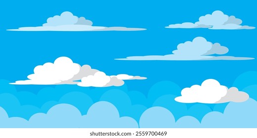 Sky with Clouds illustration in flat style. Sky and clouds background. Cloudy vector cartoon illustration in blue color. Nature abstract wallpaper.