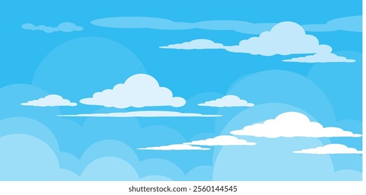 Sky with Clouds illustration in flat style. Sky and clouds background. Cloudy vector cartoon illustration in blue color. Nature abstract wallpaper.