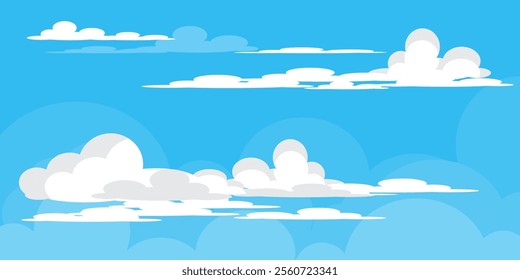 Sky with Clouds illustration in flat style. Sky and clouds background. Cloudy vector cartoon illustration in blue color. Nature abstract wallpaper.