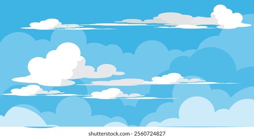 Sky with Clouds illustration in flat style. Sky and clouds background. Cloudy vector cartoon illustration in blue color. Nature abstract wallpaper.
