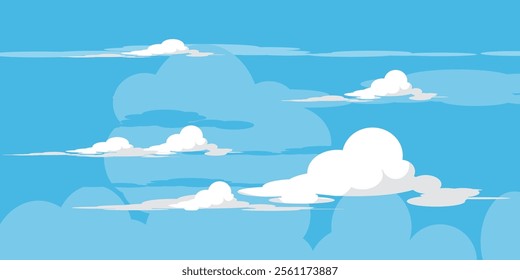 Sky with Clouds illustration in flat style. Sky and clouds background. Cloudy vector cartoon illustration in blue color. Nature abstract wallpaper.