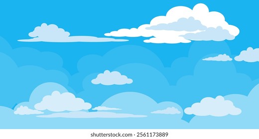 Sky with Clouds illustration in flat style. Sky and clouds background. Cloudy vector cartoon illustration in blue color. Nature abstract wallpaper.