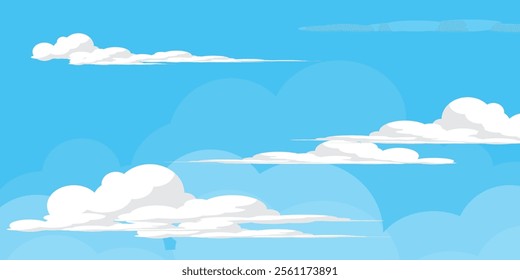 Sky with Clouds illustration in flat style. Sky and clouds background. Cloudy vector cartoon illustration in blue color. Nature abstract wallpaper.