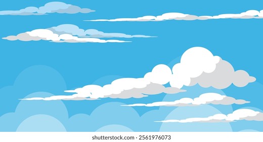 Sky with Clouds illustration in flat style. Sky and clouds background. Cloudy vector cartoon illustration in blue color. Nature abstract wallpaper.