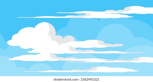 Sky with Clouds illustration in flat style. Sky and clouds background. Cloudy vector cartoon illustration in blue color. Nature abstract wallpaper.