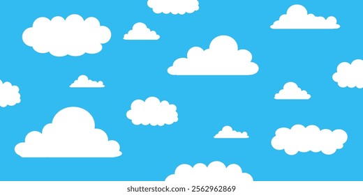 Sky with Clouds illustration in flat style. Sky and clouds background. Cloudy vector cartoon illustration in blue color. Nature abstract wallpaper.