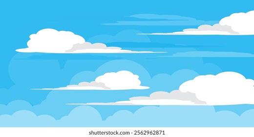 Sky with Clouds illustration in flat style. Sky and clouds background. Cloudy vector cartoon illustration in blue color. Nature abstract wallpaper.