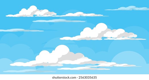 Sky with Clouds illustration in flat style. Sky and clouds background. Cloudy vector cartoon illustration in blue color. Nature abstract wallpaper.