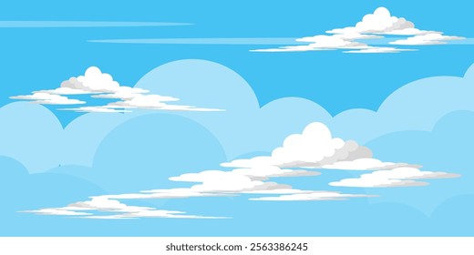 Sky with Clouds illustration in flat style. Sky and clouds background. Cloudy vector cartoon illustration in blue color. Nature abstract wallpaper.