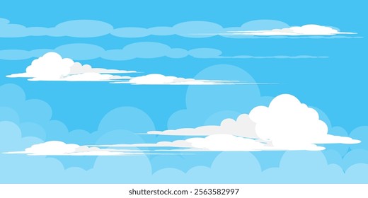 Sky with Clouds illustration in flat style. Sky and clouds background. Cloudy vector cartoon illustration in blue color. Nature abstract wallpaper.