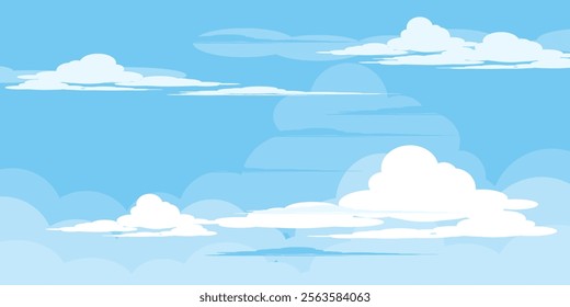 Sky with Clouds illustration in flat style. Sky and clouds background. Cloudy vector cartoon illustration in blue color. Nature abstract wallpaper.