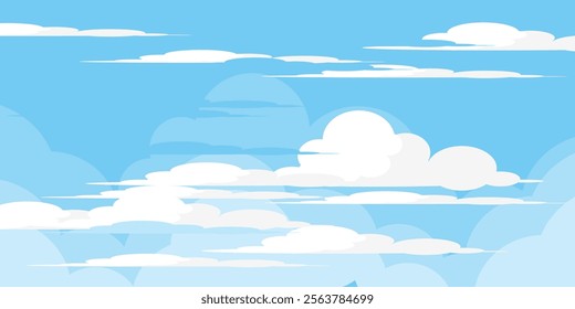 Sky with Clouds illustration in flat style. Sky and clouds background. Cloudy vector cartoon illustration in blue color. Nature abstract wallpaper.