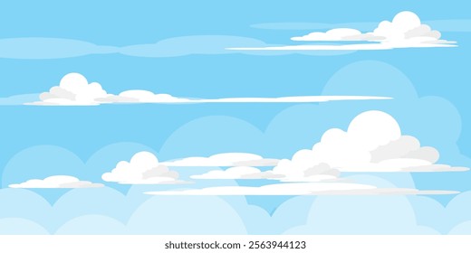 Sky with Clouds illustration in flat style. Sky and clouds background. Cloudy vector cartoon illustration in blue color. Nature abstract wallpaper.