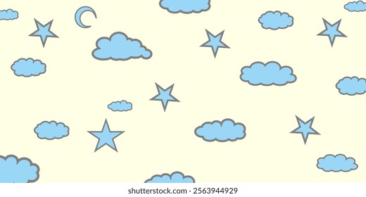 Sky with Clouds illustration in flat style. Sky and clouds background. Cloudy vector cartoon illustration in blue color. Nature abstract wallpaper.