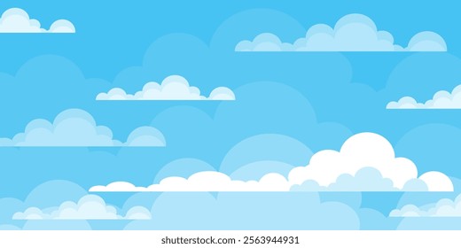 Sky with Clouds illustration in flat style. Sky and clouds background. Cloudy vector cartoon illustration in blue color. Nature abstract wallpaper.