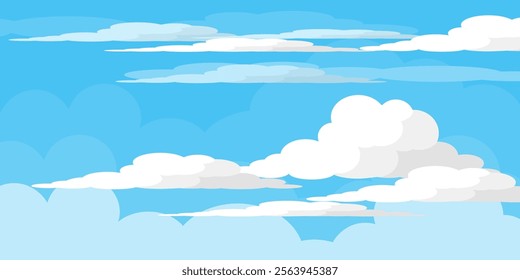 Sky with Clouds illustration in flat style. Sky and clouds background. Cloudy vector cartoon illustration in blue color. Nature abstract wallpaper.