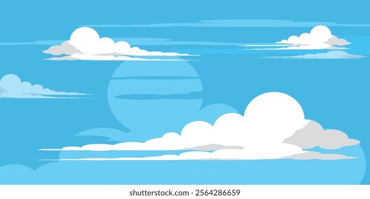 Sky with Clouds illustration in flat style. Sky and clouds background. Cloudy vector cartoon illustration in blue color. Nature abstract wallpaper.
