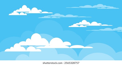 Sky with Clouds illustration in flat style. Sky and clouds background. Cloudy vector cartoon illustration in blue color. Nature abstract wallpaper.