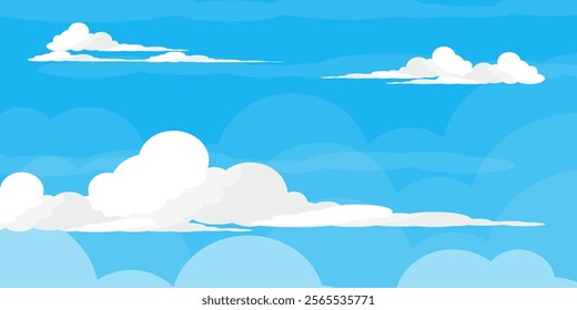 Sky with Clouds illustration in flat style. Sky and clouds background. Cloudy vector cartoon illustration in blue color. Nature abstract wallpaper.