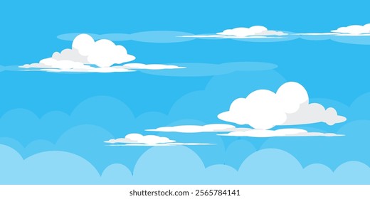 Sky with Clouds illustration in flat style. Sky and clouds background. Cloudy vector cartoon illustration in blue color. Nature abstract wallpaper.