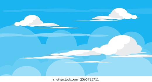 Sky with Clouds illustration in flat style. Sky and clouds background. Cloudy vector cartoon illustration in blue color. Nature abstract wallpaper.