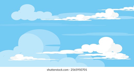 Sky with Clouds illustration in flat style. Sky and clouds background. Cloudy vector cartoon illustration in blue color. Nature abstract wallpaper.