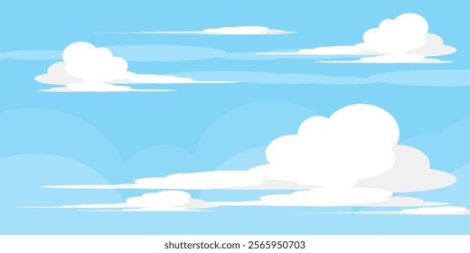 Sky with Clouds illustration in flat style. Sky and clouds background. Cloudy vector cartoon illustration in blue color. Nature abstract wallpaper.