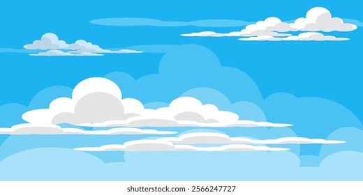 Sky with Clouds illustration in flat style. Sky and clouds background. Cloudy vector cartoon illustration in blue color. Nature abstract wallpaper.