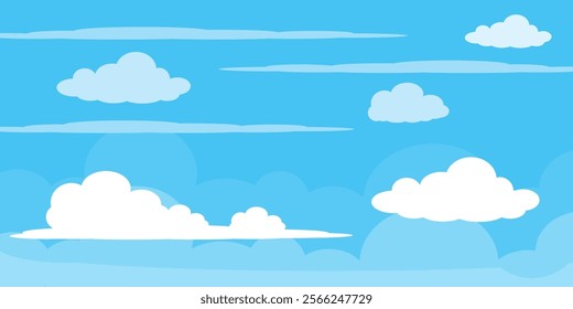 Sky with Clouds illustration in flat style. Sky and clouds background. Cloudy vector cartoon illustration in blue color. Nature abstract wallpaper.
