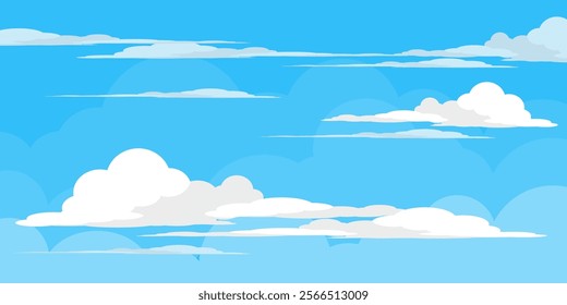 Sky with Clouds illustration in flat style. Sky and clouds background. Cloudy vector cartoon illustration in blue color. Nature abstract wallpaper.