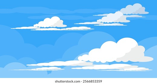 Sky with Clouds illustration in flat style. Sky and clouds background. Cloudy vector cartoon illustration in blue color. Nature abstract wallpaper.